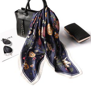 Dark blue flower print square fashion scarf